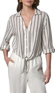 Donna Karan New York Yarn Dye Stripe Crop Linen Blend Button-Up Shirt