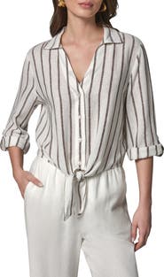 Donna Karan New York Yarn Dye Stripe Crop Linen Blend Button-Up Shirt