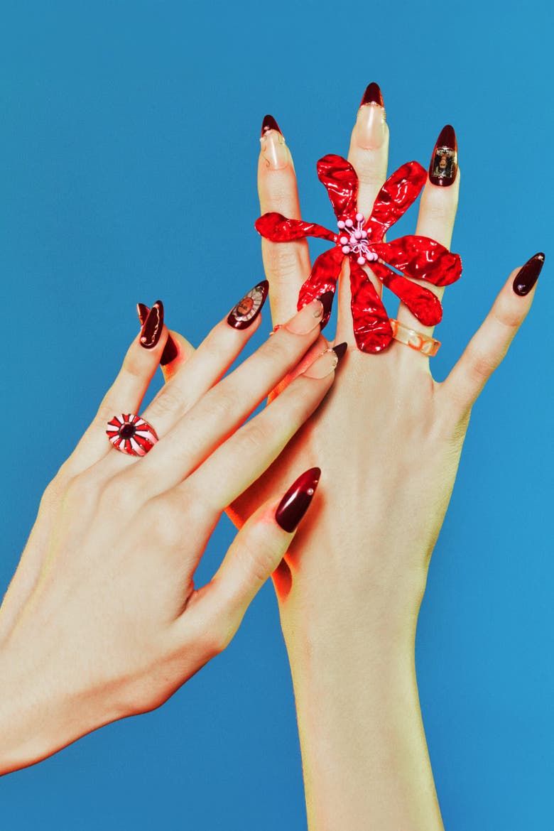 Frida Kahlo Almond Press On Nails, Alternate, color, Red