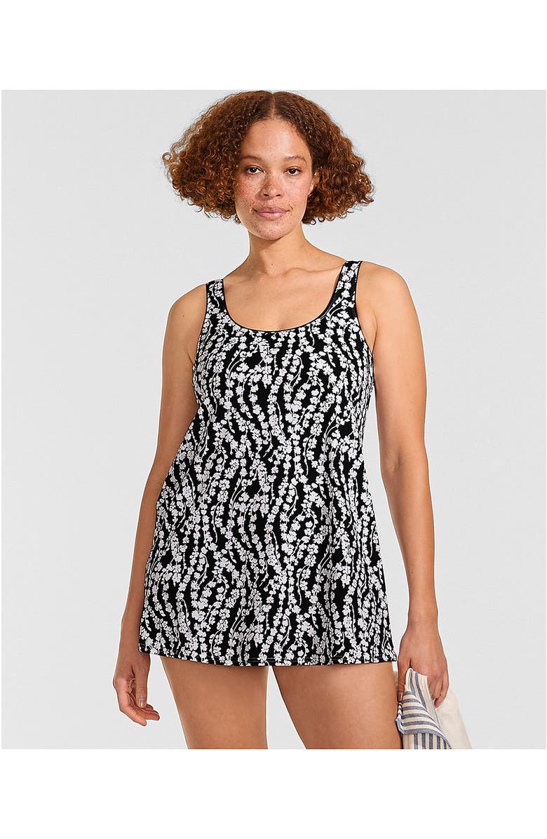 Lands' End Plus Size Scoop Neck Mini Swim Dress Swimsuit, Alternate, color, Black/White Vine Floral