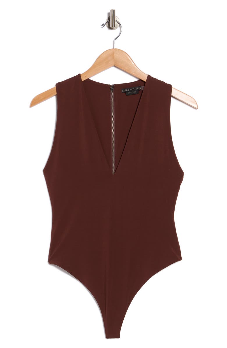 Alice + Olivia Olea V-Neck Bodysuit, Main, color, Mocha