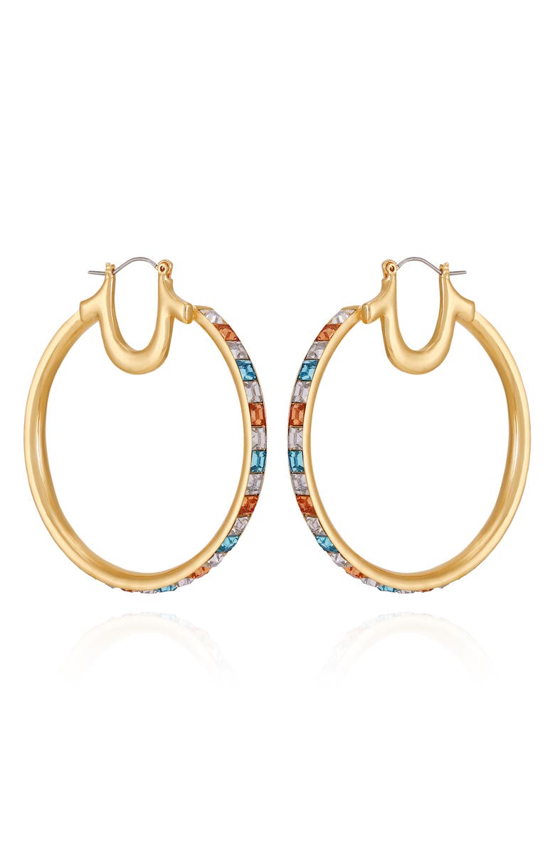 True Religion Crystal Hoop Earrings, Main, color, Gold Tone