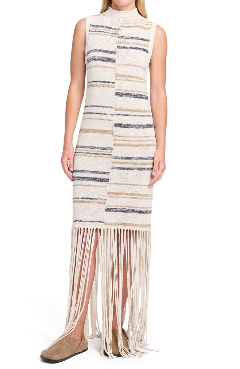 TWP Stripe Fringe Detail Stretch Silk & Linen Sweater Dress, Main, color, Ivory Multi