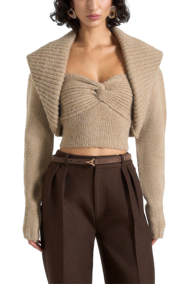 Emya 2-in-1 Knit Shrug With Twisted Bandeau Top, Main, color, Taupe