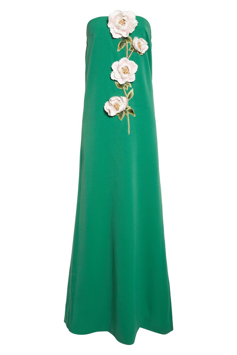 3D Peony Embroidered Strapless Faille Gown, Alternate, color, FERN/ PINK