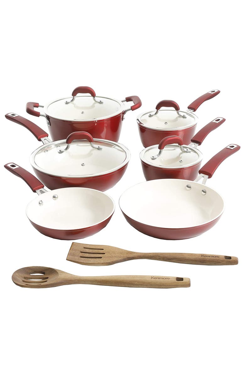 Kenmore Arlington 12 Piece Aluminum Ceramic Coated Nonstick Cookware Set, Main, color, Red