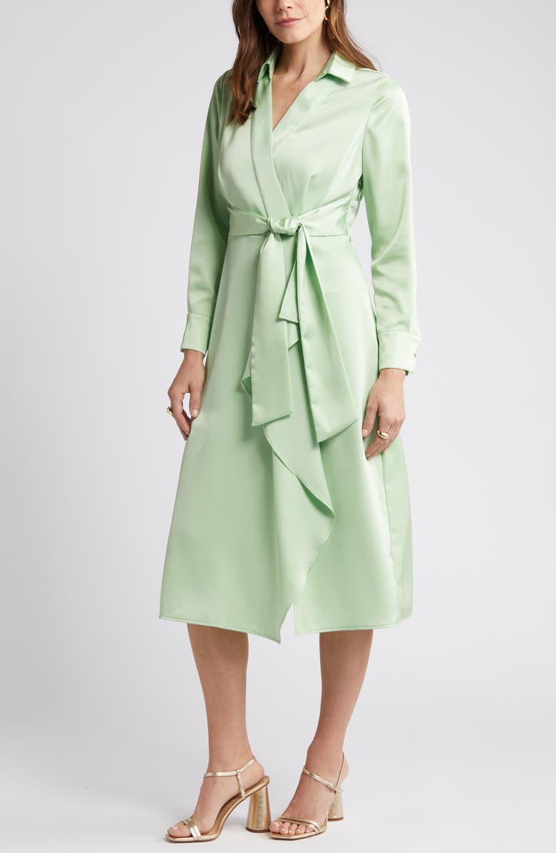 Tahari ASL Ruffle Front Long Sleeve Midi Shirtdress, Alternate, color, Moss