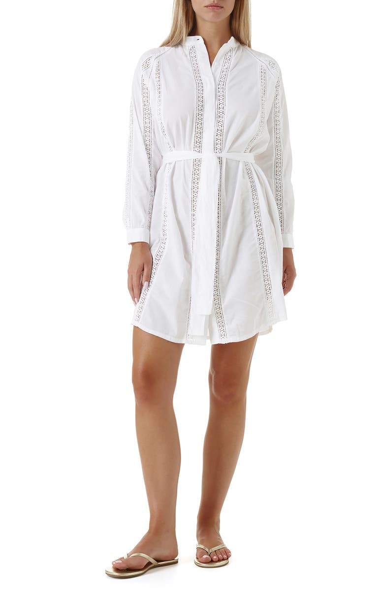Melissa Odabash Emily Lace Inset Long Sleeve Cotton Shirtdress, Main, color,