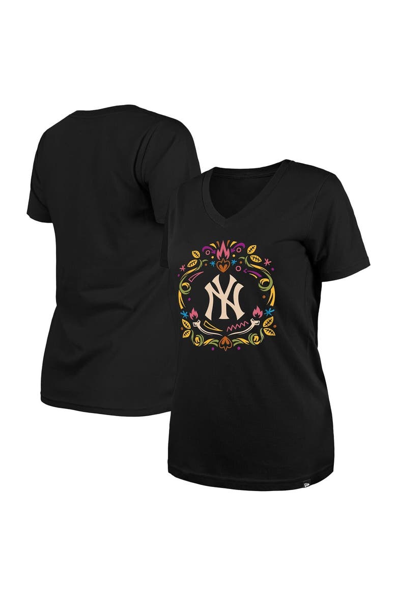 Women's New Era Black New York Yankees Día de los Muertos V-Neck T-Shirt, Main, color, Black