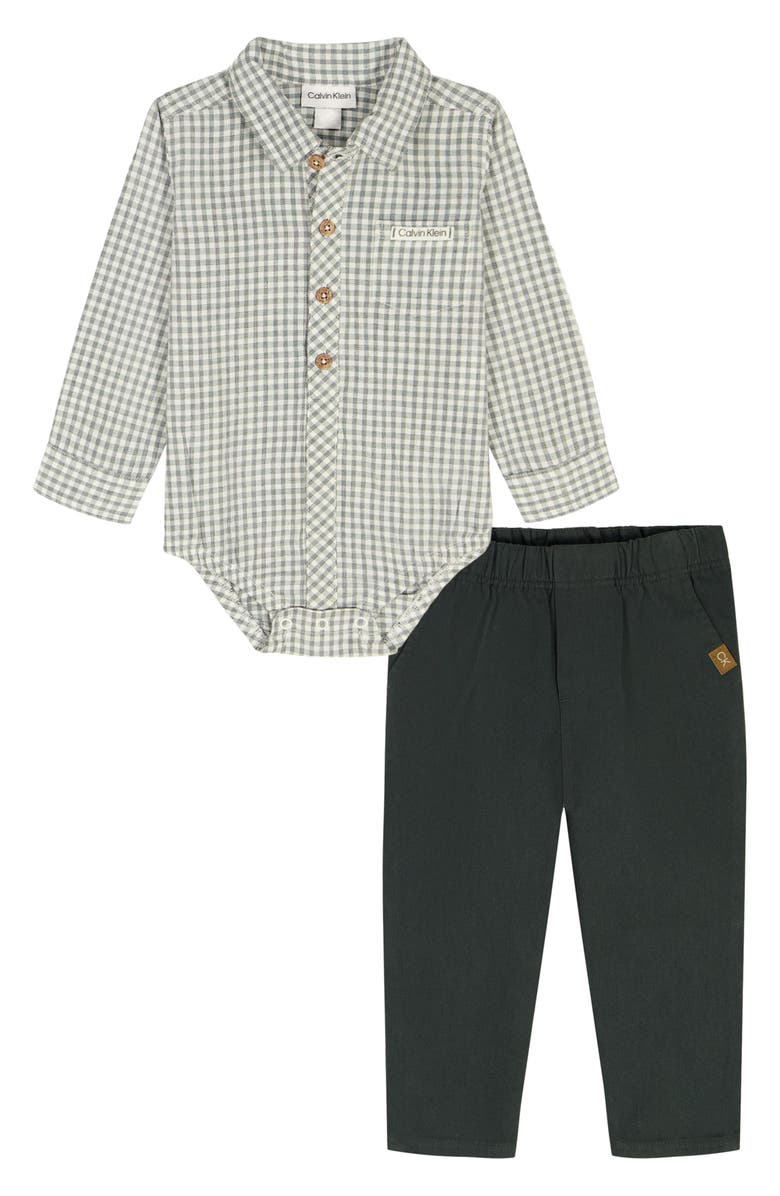 Calvin Klein Woven Bodysuit & Pants Set, Main, color, Green
