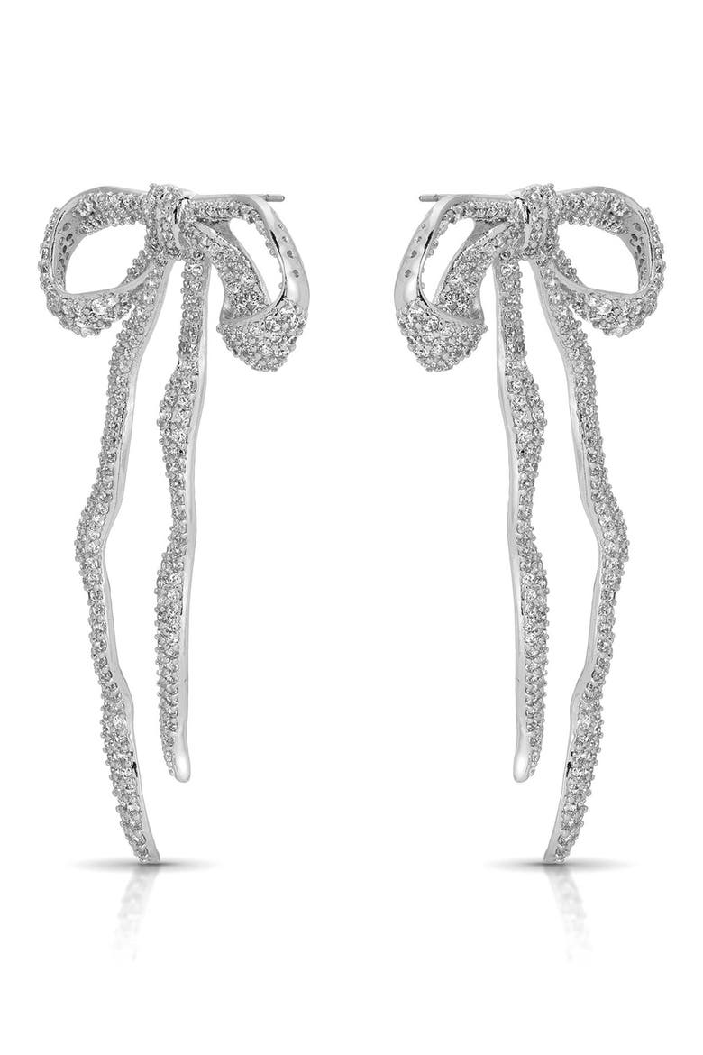 Pavé Cubic Zirconia Bow Drop Earrings, Alternate, color, SILVER