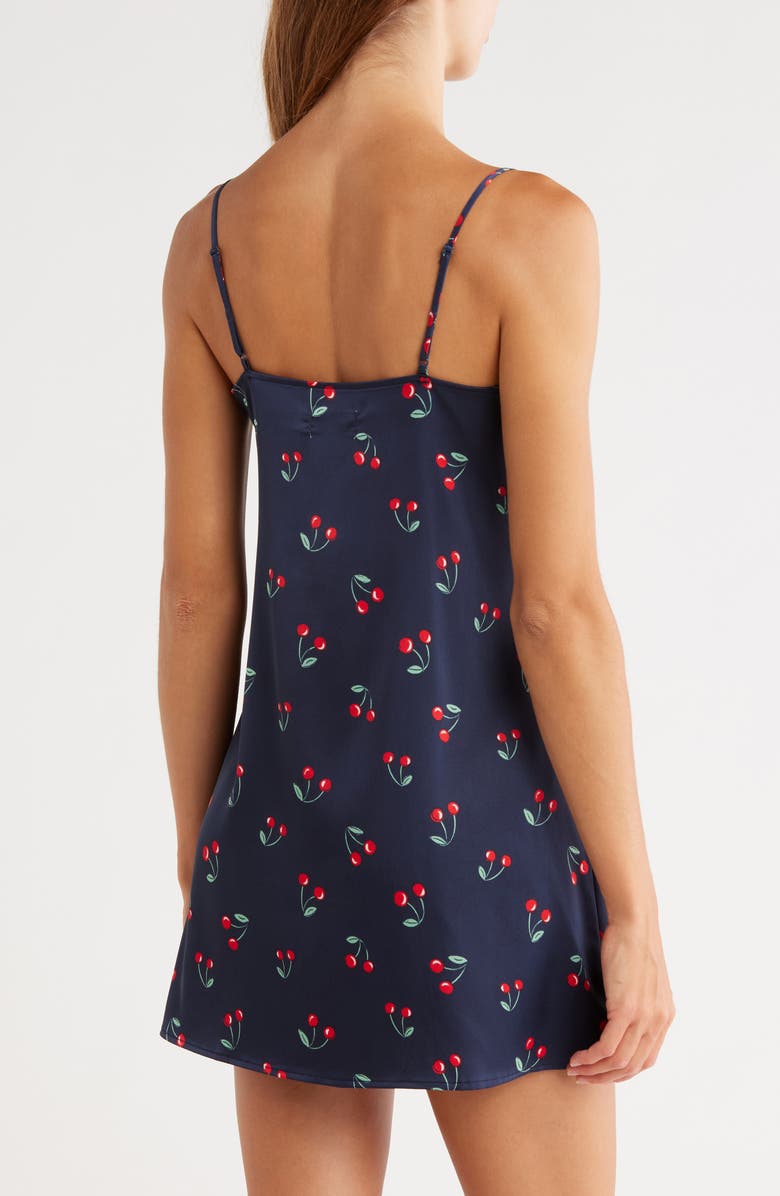 Abound Lace Trim Satin Chemise, Alternate, color, Navy Cherries