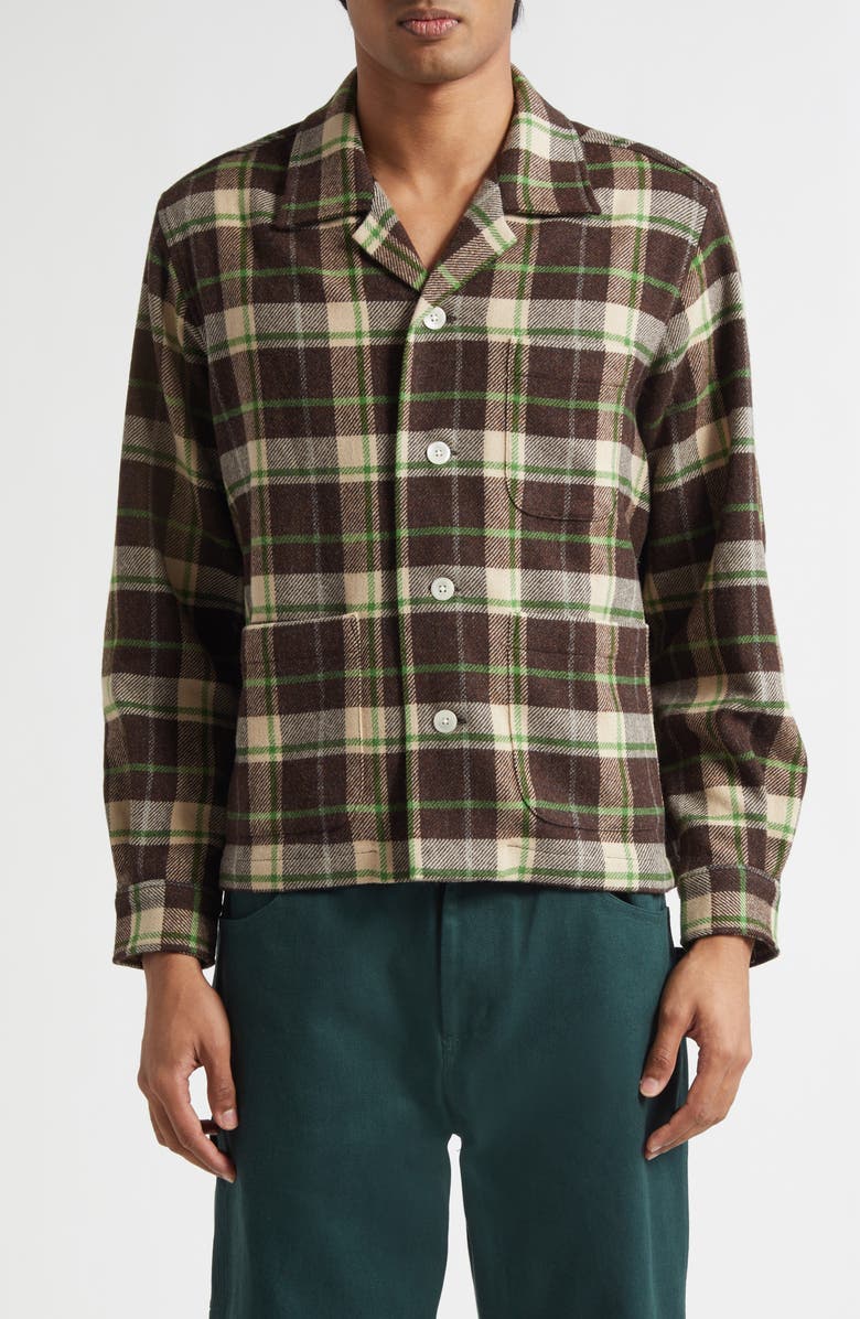 Bode Woodcrest Plaid Wool Flannel Overshirt, Main, color, Brown Green