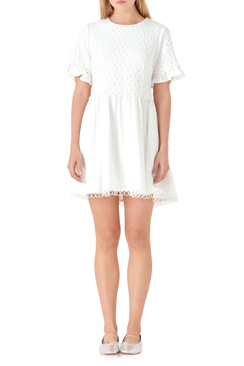 Mixed Media Circle Trim Dress, Main, color, WHITE