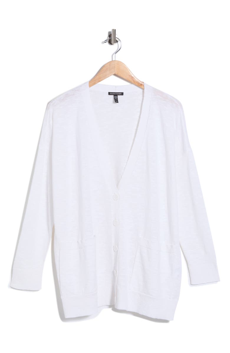 Eileen Fisher V-Neck Organic Linen & Organic Cotton Cardigan, Main, color, White