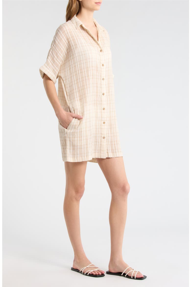 Paradise Check Cover-Up Shirtdress, Alternate, color, OFF WHITE