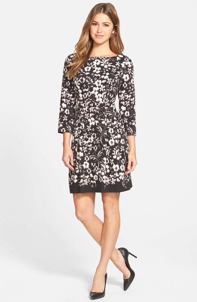 Eliza J Floral Print Ponte Fit & Flare Dress, Alternate, color, 