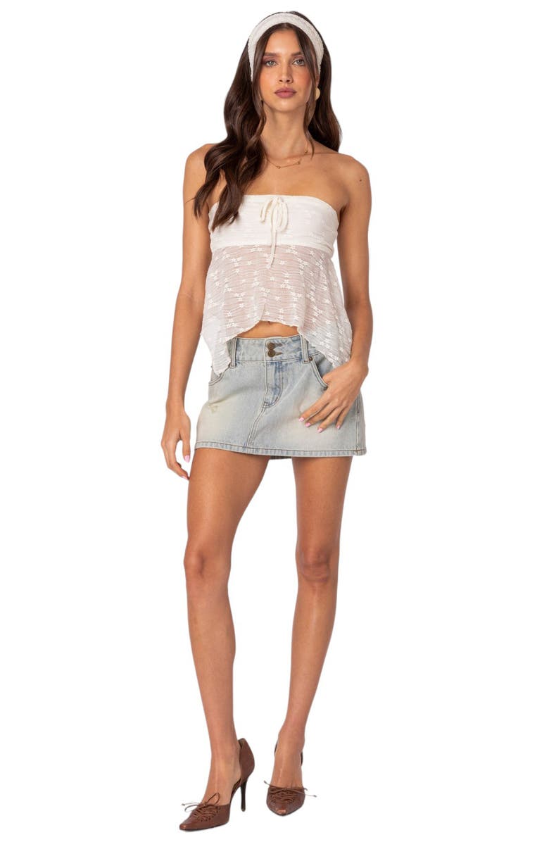 EDIKTED Rumble Low Rise Distressed Denim Miniskirt, Alternate, color,