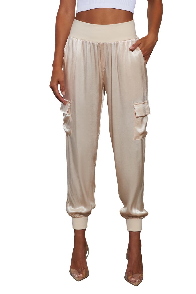 Luxe Look Satin Cargo Joggers, Main, color, CHAMPAGNE