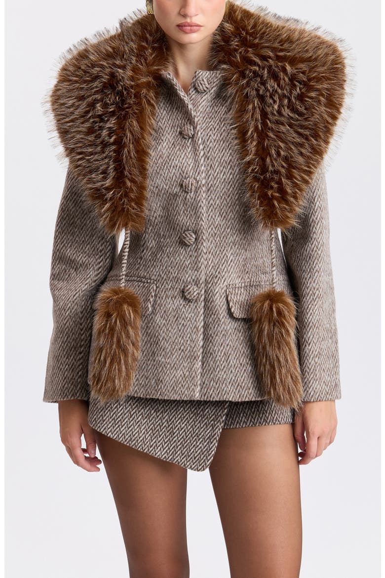 Chevron Blazer with Detachable Faux Fur Scarf, Main, color, GREY/ WHITE
