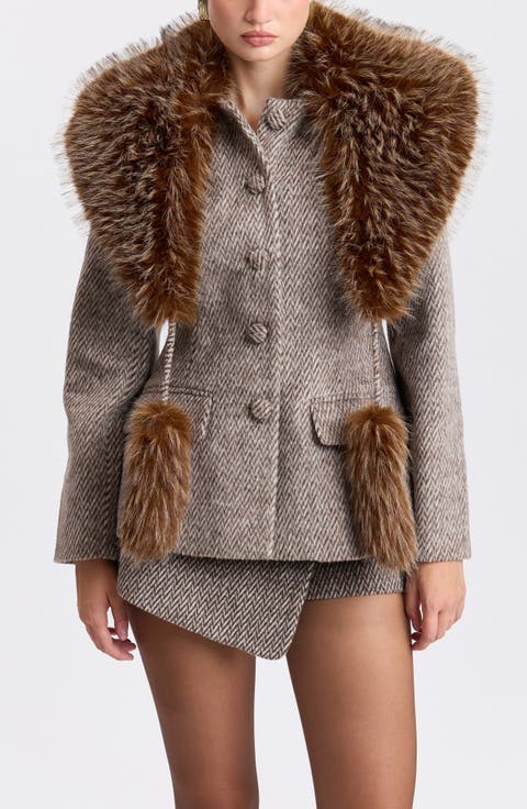 Chevron Blazer with Detachable Faux Fur Scarf