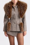 Avec Les Filles Chevron Blazer with Detachable Faux Fur Scarf