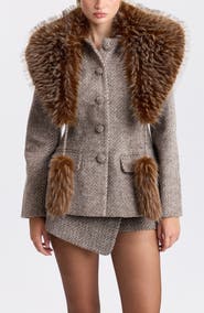Avec Les Filles Chevron Blazer with Detachable Faux Fur Scarf