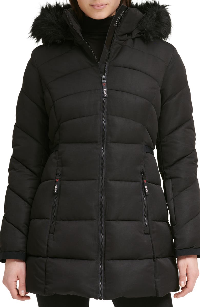 GUESS Faux Fur Trim Hooded Puffer Jacket, Main, color, 