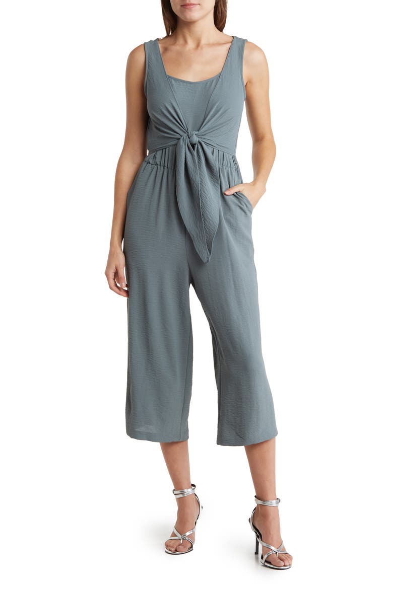Sleeveless Tie Front Capri Crop Jumpsuit, Main, color, MOSS