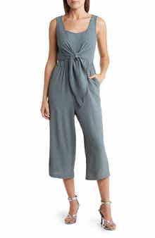 CONNECTED APPAREL Sleeveless Tie Front Capri Crop Jumpsuit