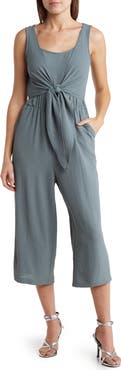Connected Apparel CONNECTED APPAREL Sleeveless Tie Front Capri Crop Jumpsuit
