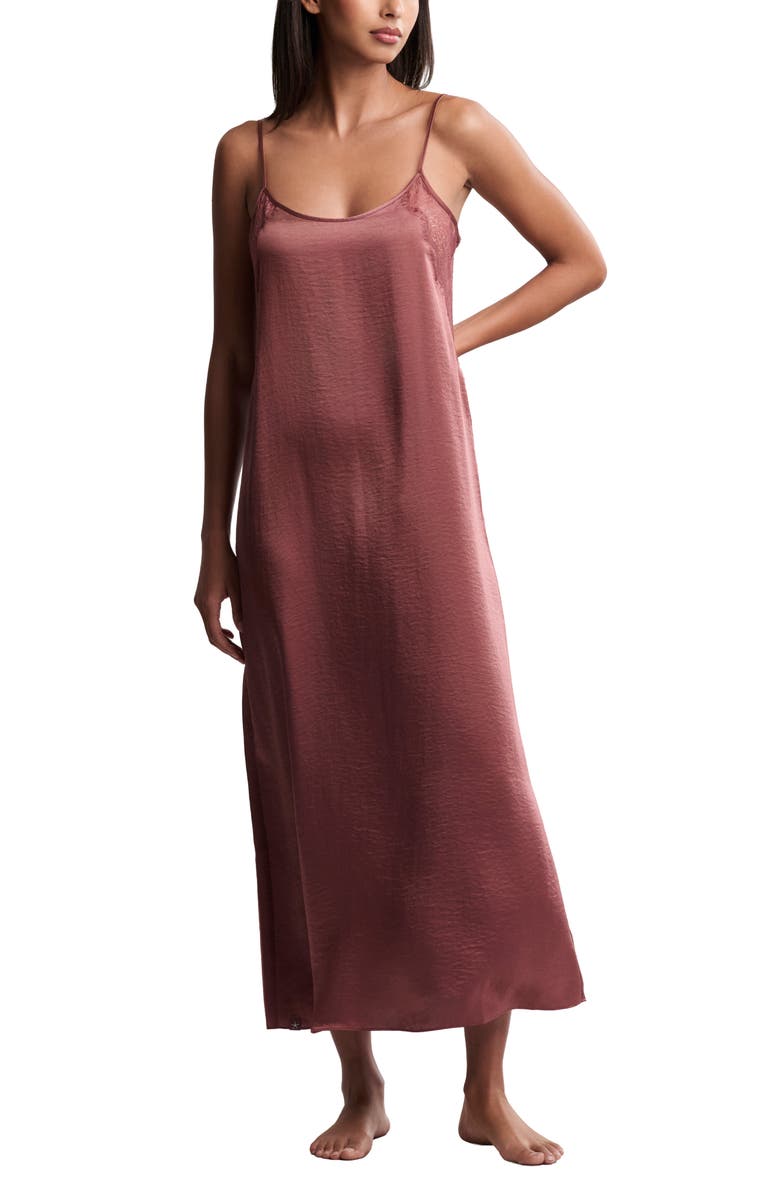 Barefoot Dreams<sup>®</sup> Liquid Lace Trim Satin Nightgown, Main, color, Canyon Rose