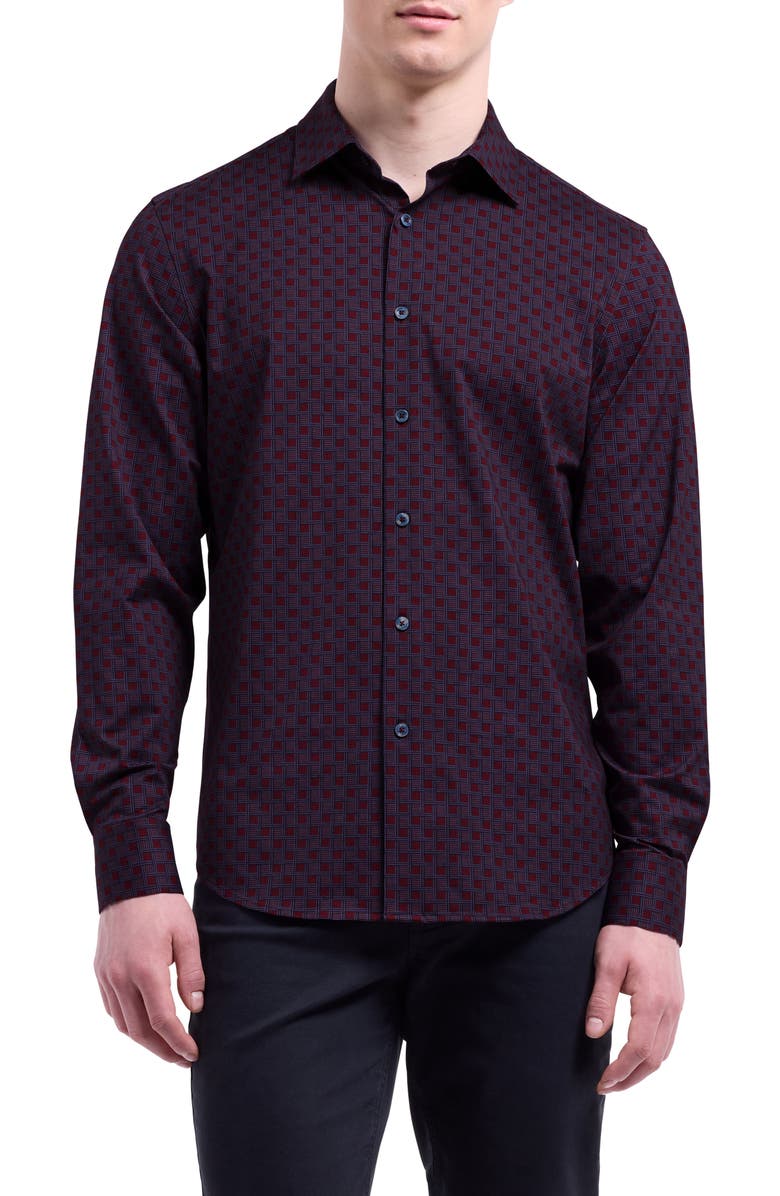Bugatchi Jimmy OoohCotton<sup>®</sup> Geo Pattern Button-Up Shirt, Main, color, Bordeaux