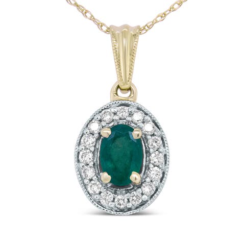 14K Yellow Gold 6x4mm Emerald and 1/5 Cttw Diamond Halo Pendant Necklace -