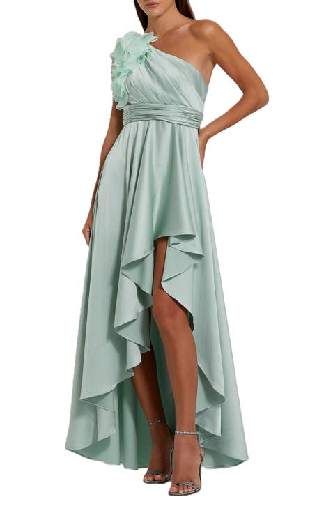 Ruffled One Shoulder Cut Out Hi-Lo Gown