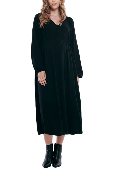 Long Sleeve Button Front Maternity Midi Dress