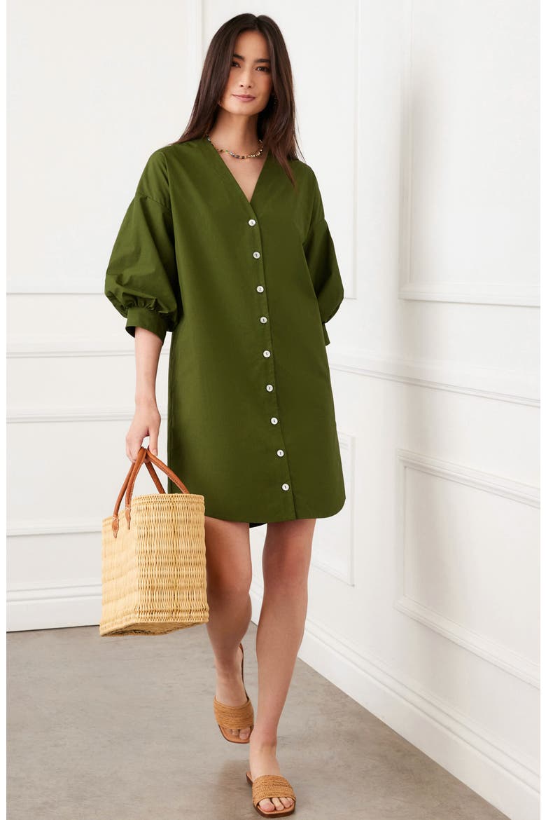 Puff Sleeve Pearly Button Dress, Alternate, color, OLIVE
