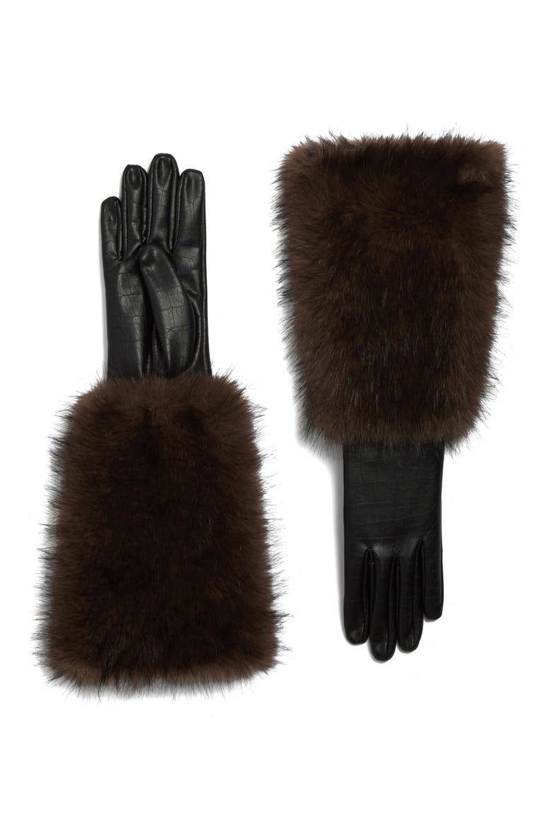 Robi Croc Embossed Faux Fur Cuff Gloves, Main, color, NOIR CROC/ FAUVE MULTI