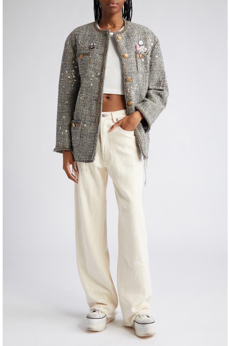 Paint Splatter Oversize Tweed Jacket, Alternate, color, GREY