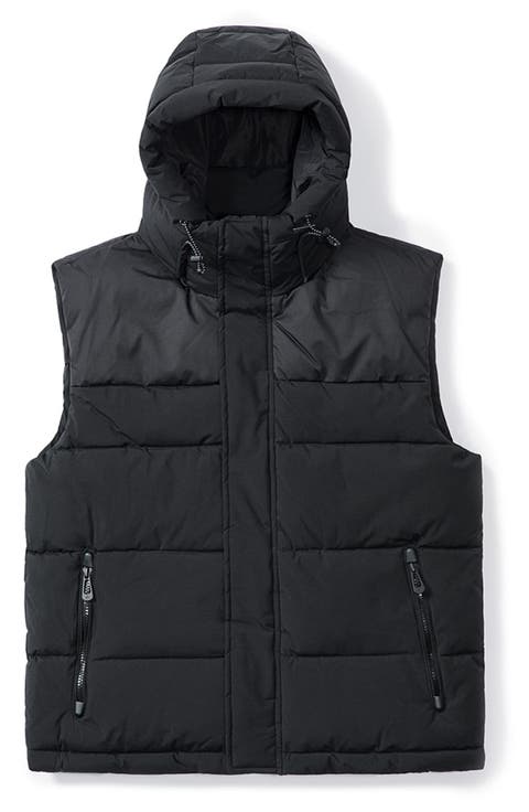 Mixed Media Water Resistant Hooded Puffer Vest