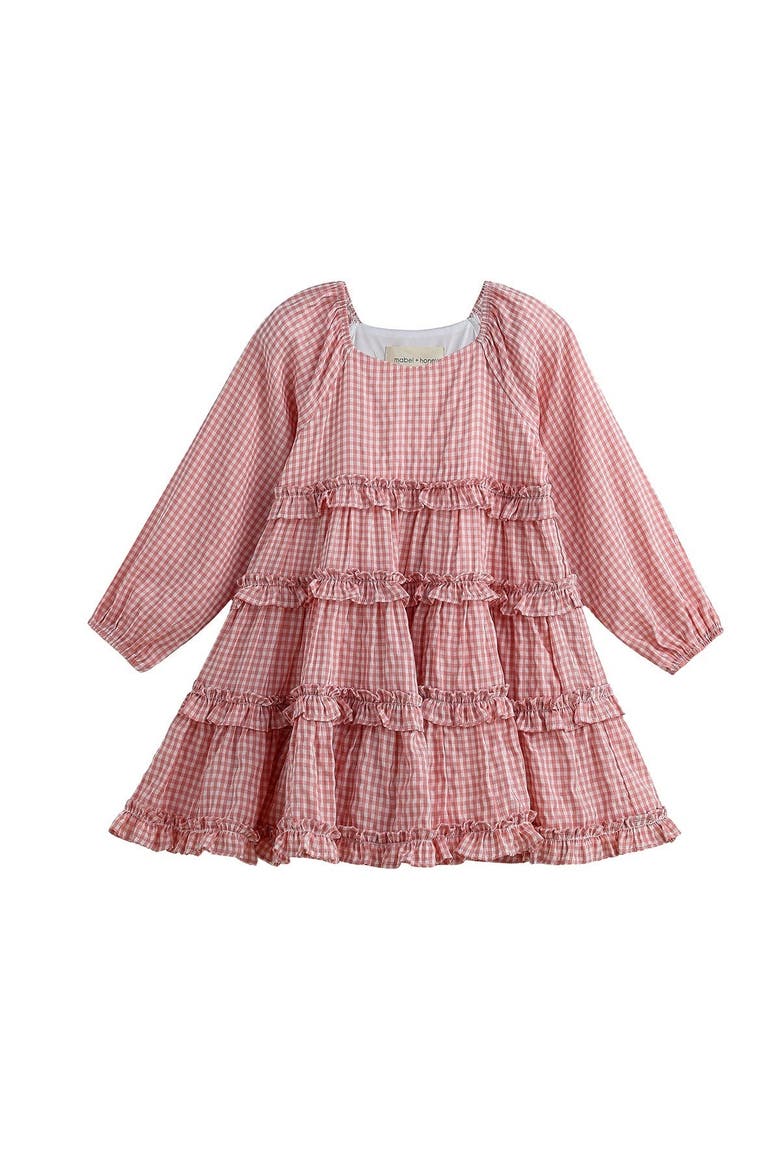Rosie Posie Long Sleeve Gingham Tiered Ruffle Dress, Alternate, color, Pink