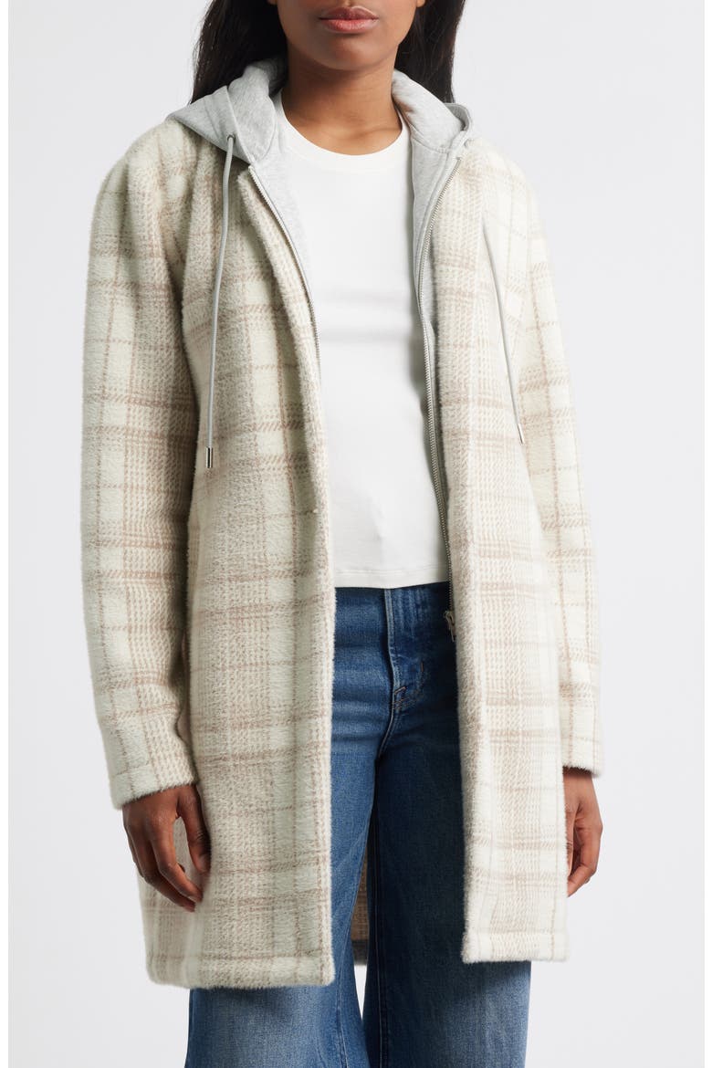 Plaid Coat with Bib Hoodie, Main, color, BEIGE COMBO