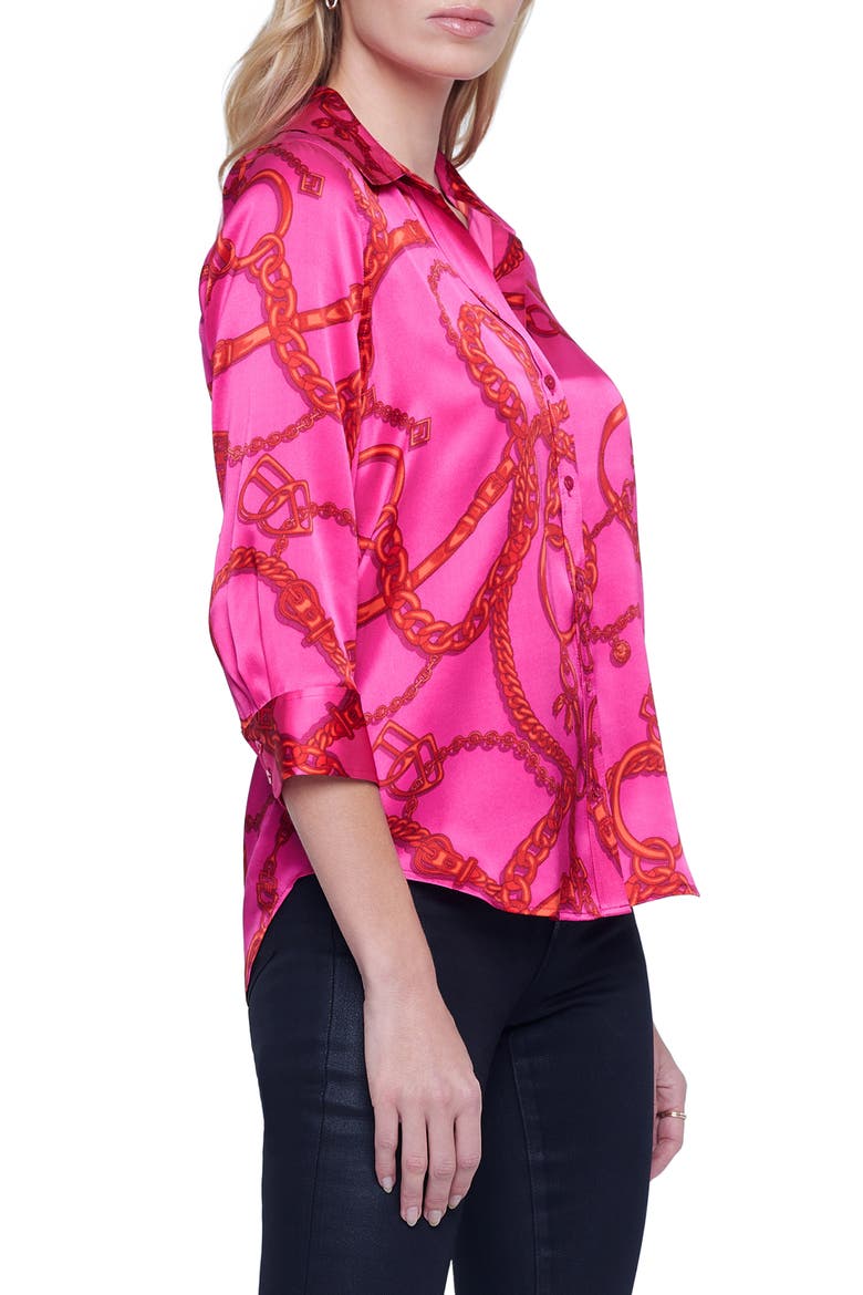 Dani Chain Link Print Silk Button-Up Shirt, Alternate, color, PINK/ RED BUCKLE CHAIN