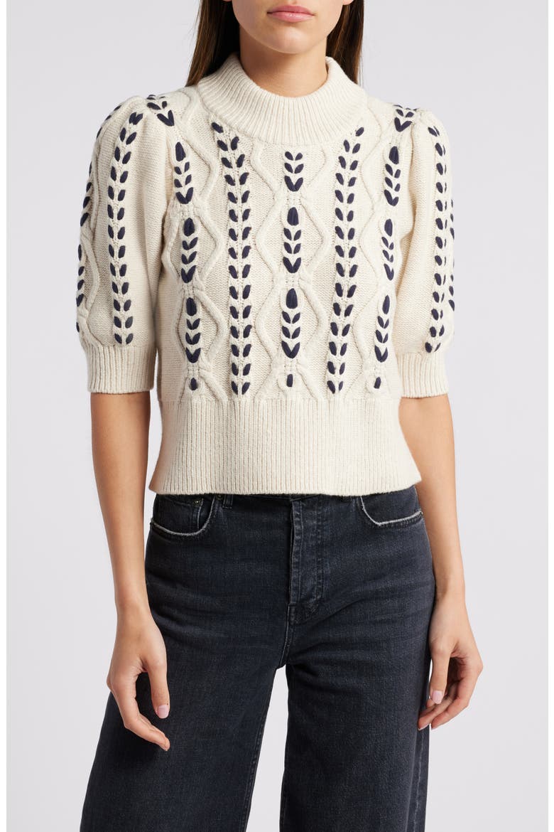 Addy Textured Elbow Sleeve Sweater, Main, color, OATMEAL NAVY CABLES