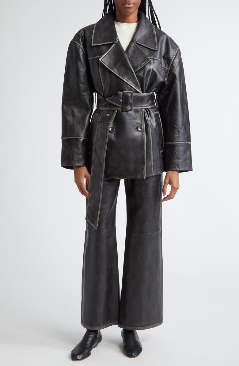 Stand Studio Willow Belted Double Breasted Leather Jacket, Alternate, color,