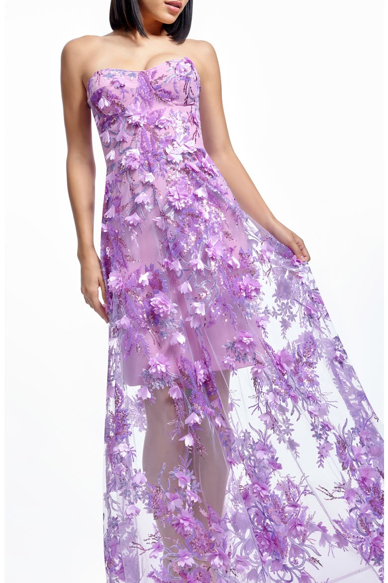 Melissa Sequin Floral Appliqué Strapless Gown, Alternate, color, LILAC MULTI