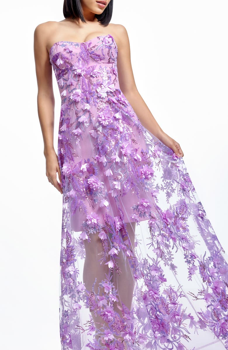 Dress the Population Melissa Sequin Floral Appliqué Strapless Gown, Alternate, color, Lilac Multi