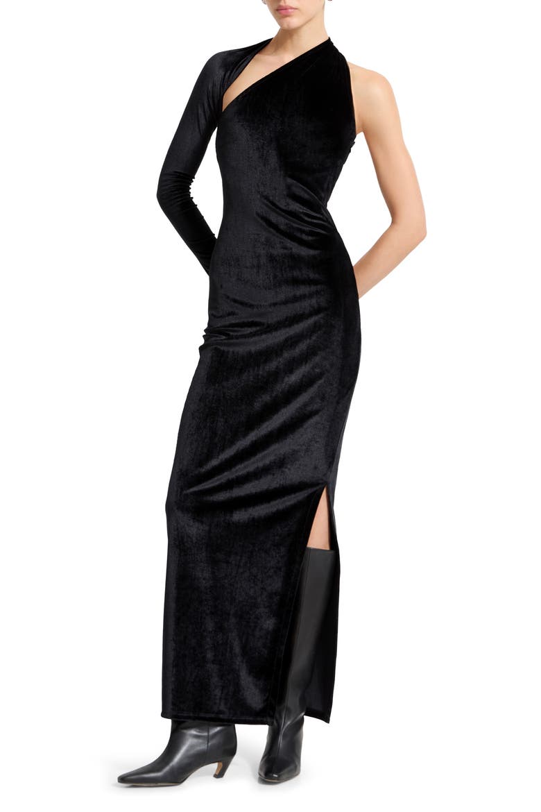 Manhattan One-Shoulder Velvet Gown, Alternate, color, BLACK