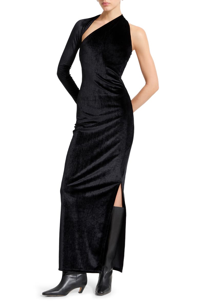 Marcella Manhattan One-Shoulder Velvet Gown, Alternate, color, Black