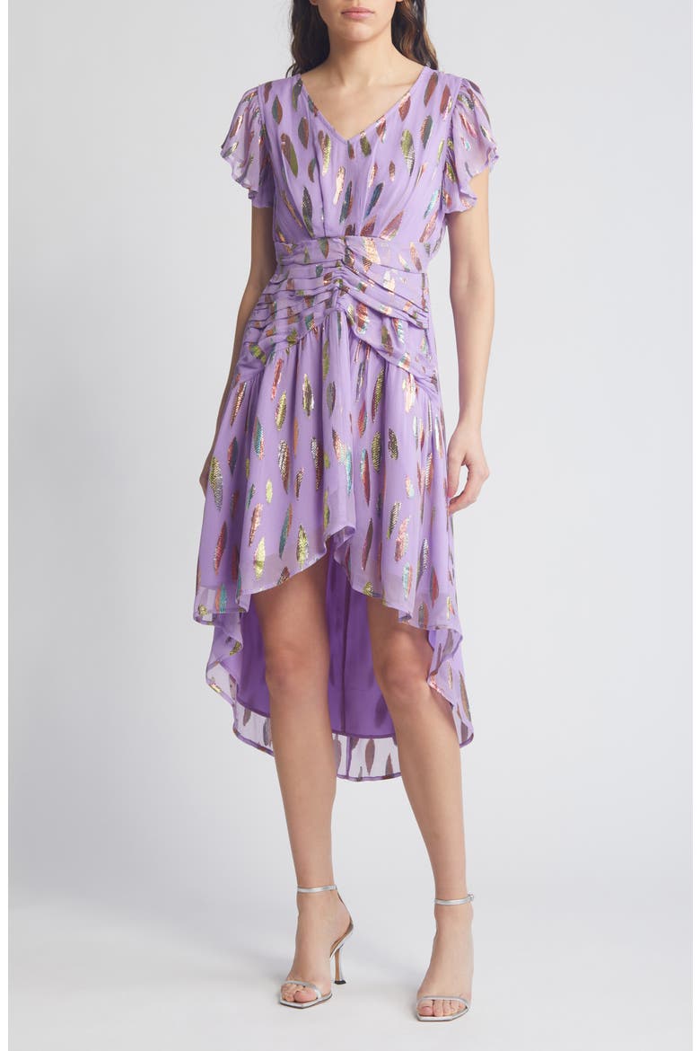 Palmina Metallic Leaf Print High-Low Dress, Alternate, color, PURPLE
